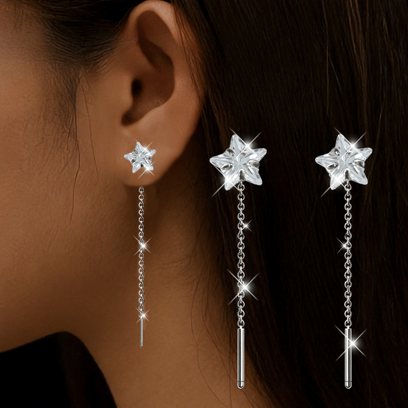 2pcs Star-Encrusted Long Cubic Synthetic Zirconia Ear Cuffs